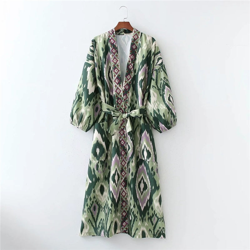 Puff Sleeve bohemian Style robe wrap dress with belt