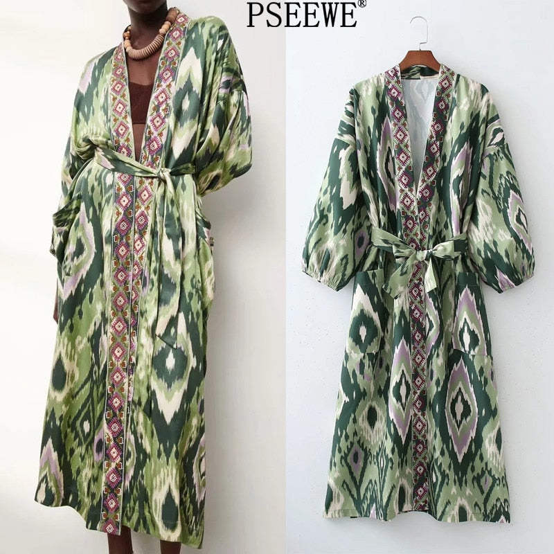 Puff Sleeve bohemian Style robe wrap dress with belt