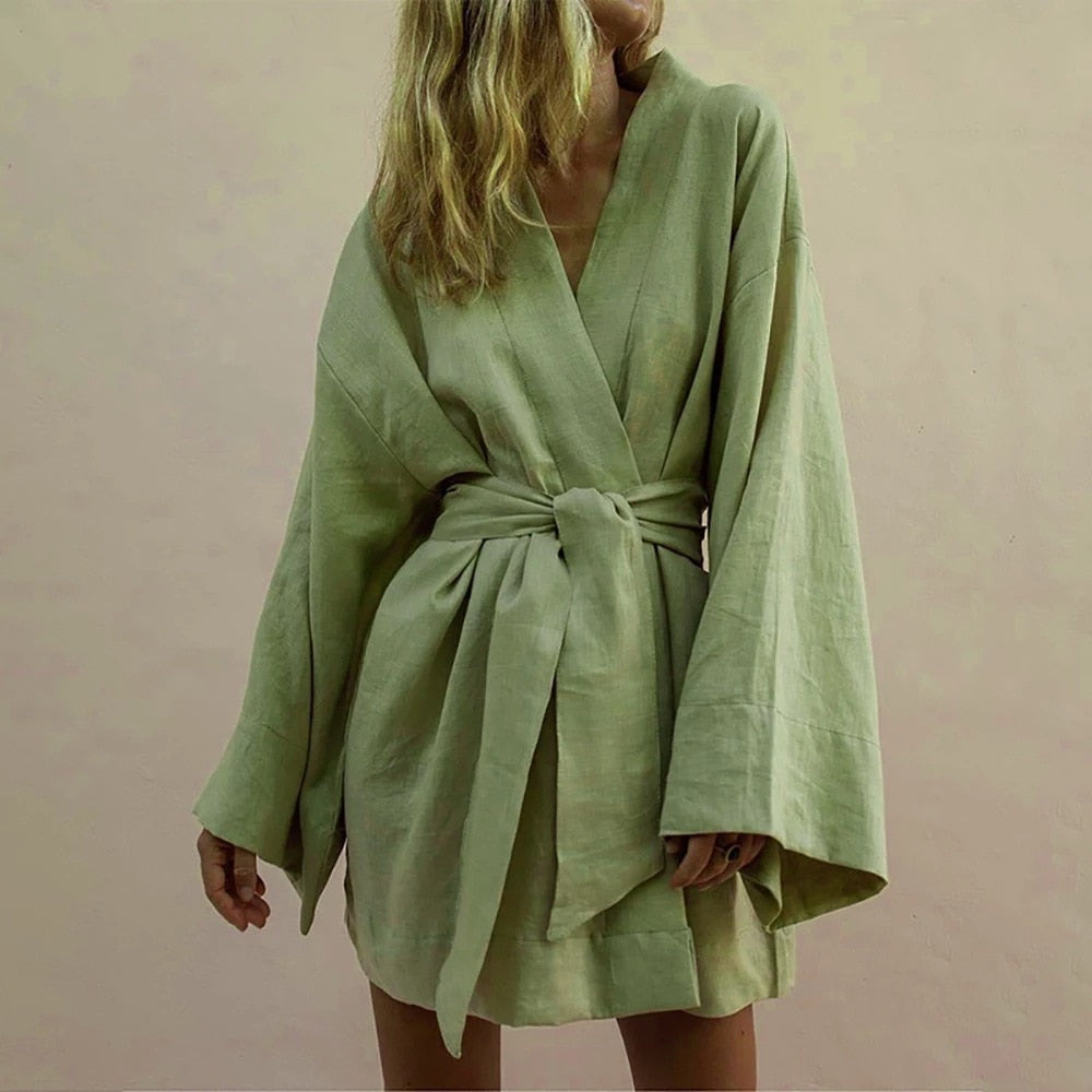 Stylish Kimono Short Robe Dress Linen