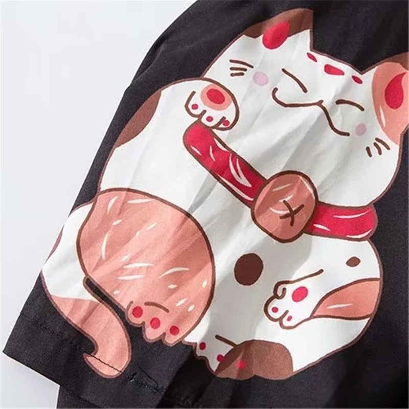 Japanese Cat Print Kimono Cardigan