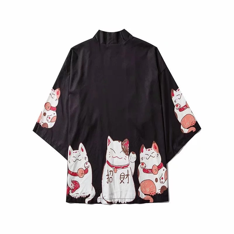 Japanese Cat Print Kimono Cardigan