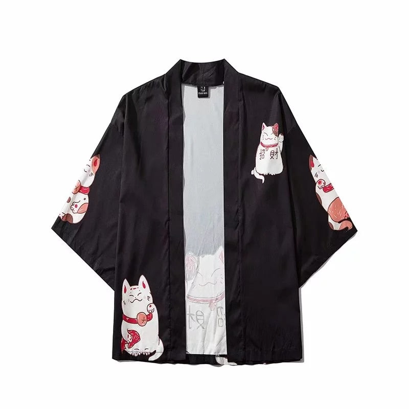 Japanese Cat Print Kimono Cardigan