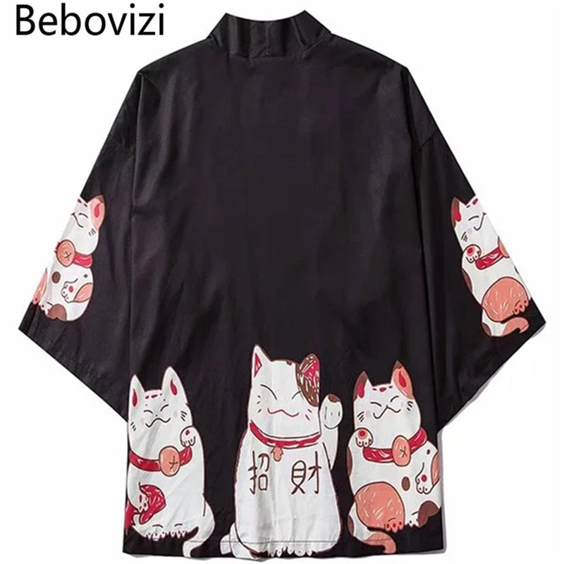 Japanese Cat Print Kimono Cardigan