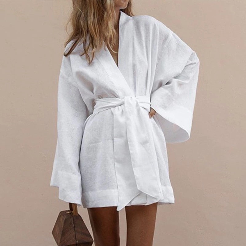 Stylish Kimono Short Robe Dress Linen