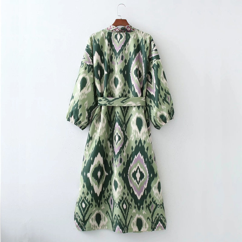 Puff Sleeve bohemian Style robe wrap dress with belt