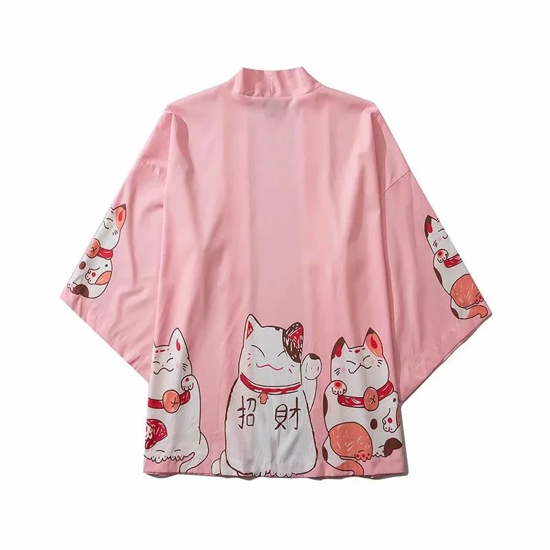 Japanese Cat Print Kimono Cardigan