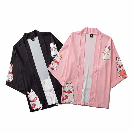 Japanese Cat Print Kimono Cardigan