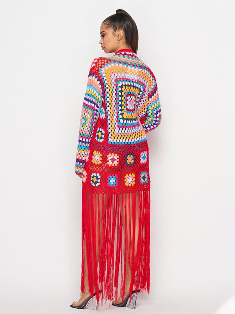 Boho Festival Style Handmade Fringed Long Crochet cardigan