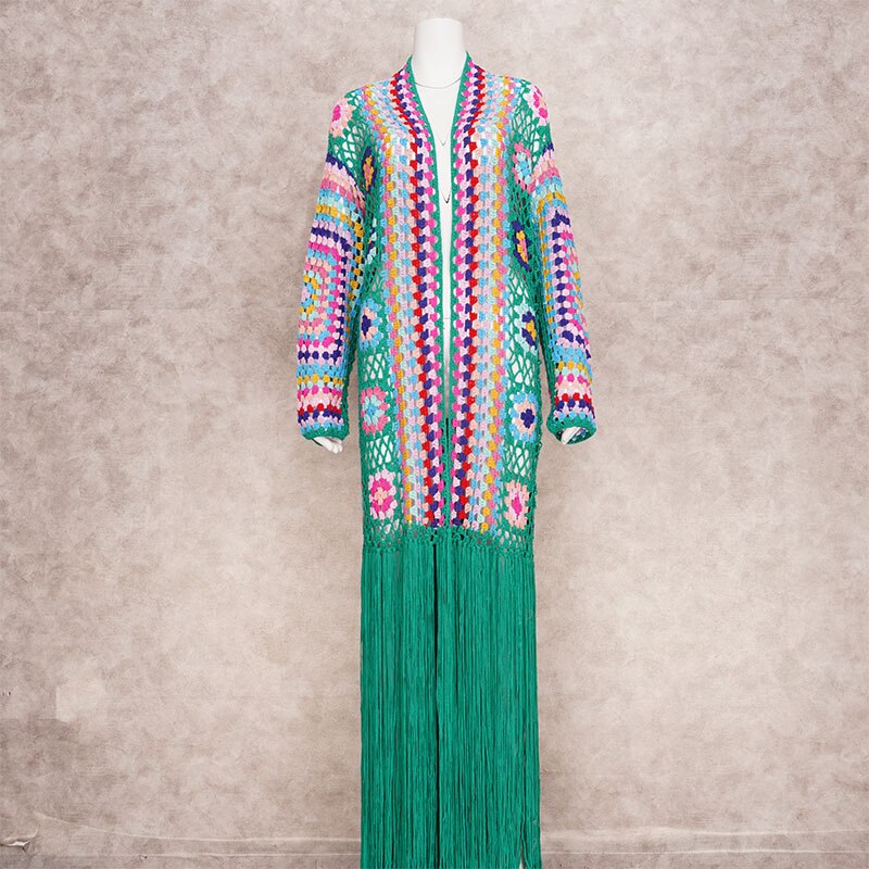 Boho Festival Style Handmade Fringed Long Crochet cardigan