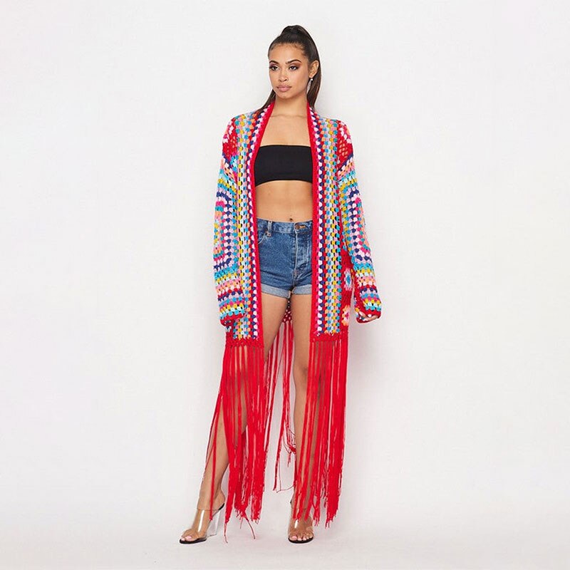 Boho Festival Style Handmade Fringed Long Crochet cardigan