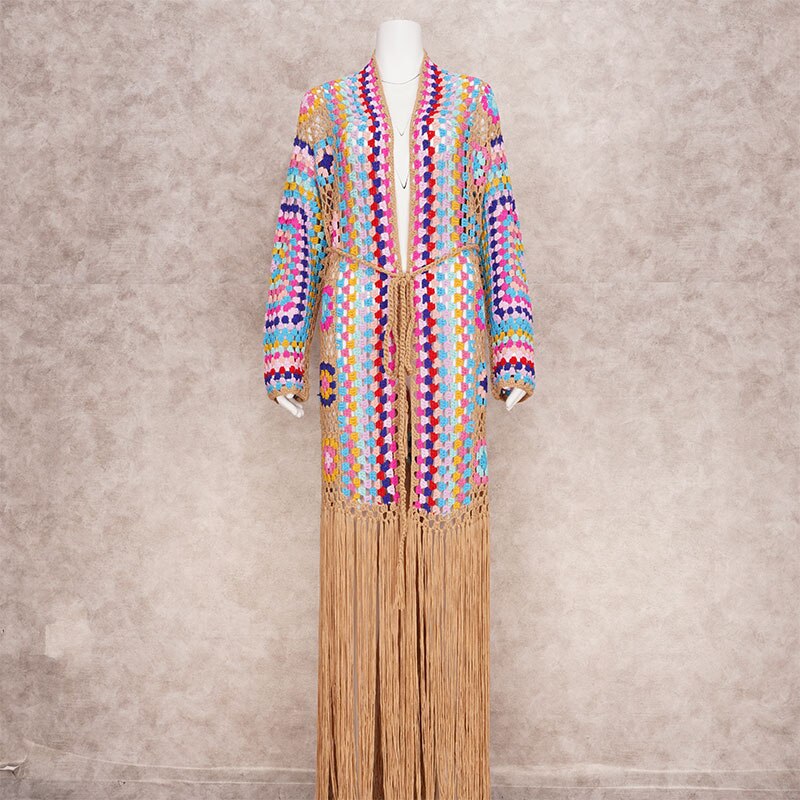 Boho Festival Style Handmade Fringed Long Crochet cardigan