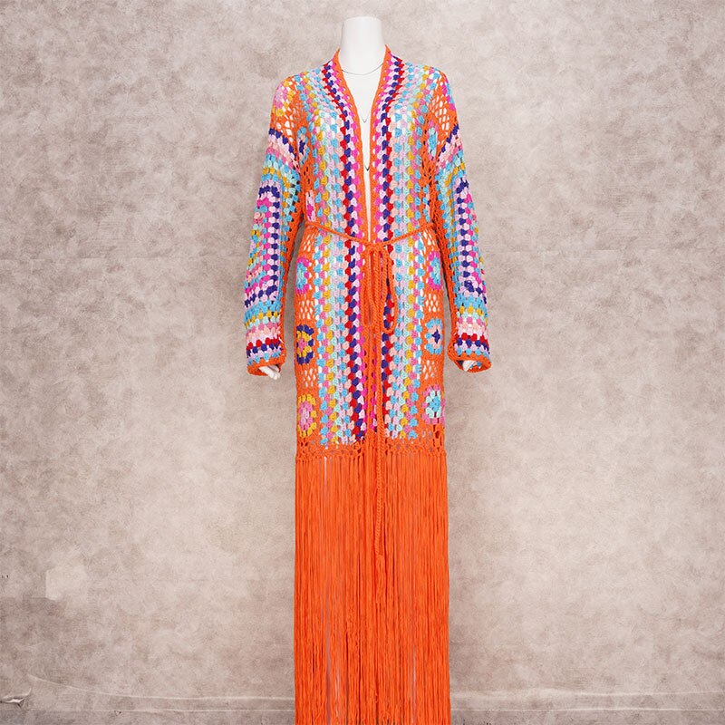 Boho Festival Style Handmade Fringed Long Crochet cardigan