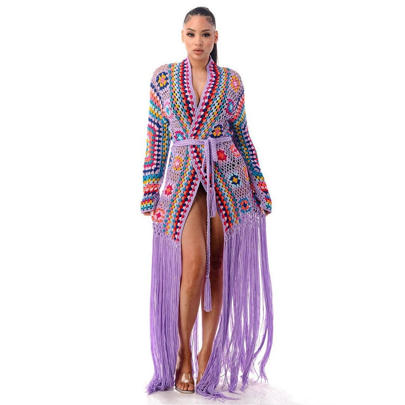 Boho Festival Style Handmade Fringed Long Crochet cardigan