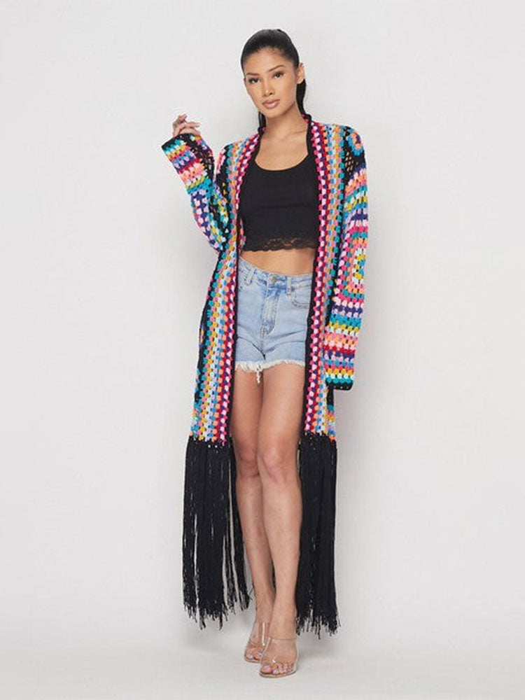 Boho Festival Style Handmade Fringed Long Crochet cardigan