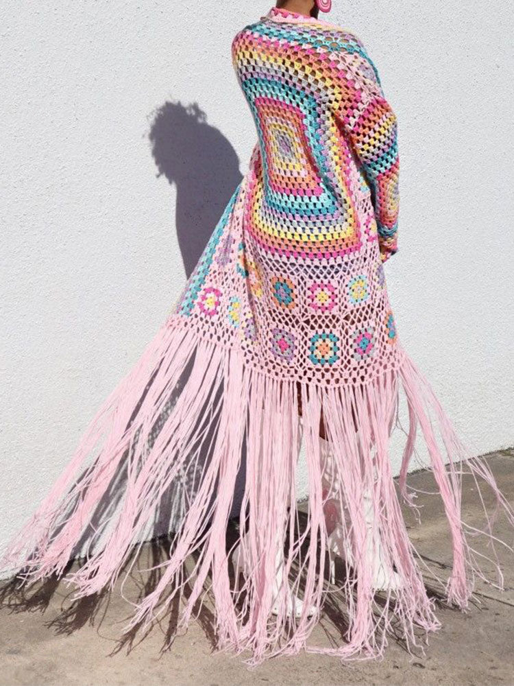 Boho Festival Style Handmade Fringed Long Crochet cardigan